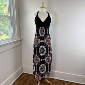 Black Halter Maxi Dress | Medallion Print Empire Waist Boho Resort Dress, Y2K